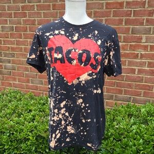 Heart Tacos Graphic T-Shirt with Bleach Splatter Size M/L